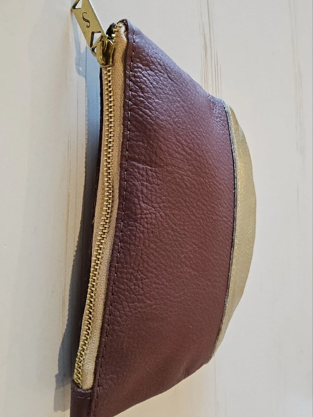 Sseko Burgundy and Gold Leather Cosmetic Pouch